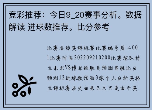 竞彩推荐：今日9_20赛事分析。数据解读 进球数推荐。比分参考